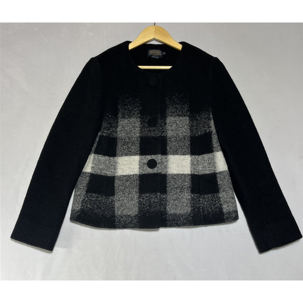 Pendleton Boiled Wool Blend Blazer Jacket Womens Medium Petite Black White Plaid